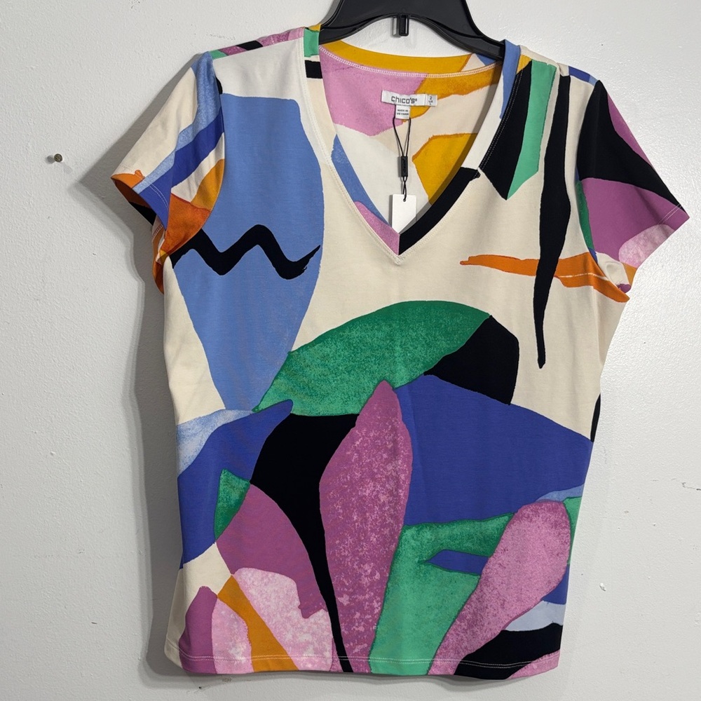 Chico's Large Multicolor Abstract V‑Neck Short Sleeve Top